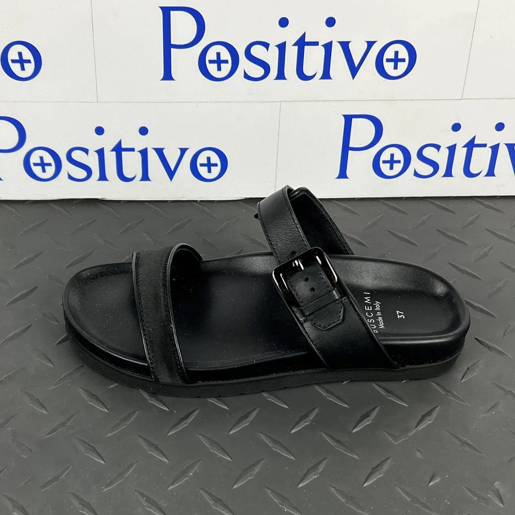 Buscemi Women's Slide Band Satin Black Leather Sandals SAMPLE