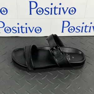 Buscemi Women's Slide Band Satin Black Leather Sandals SAMPLE