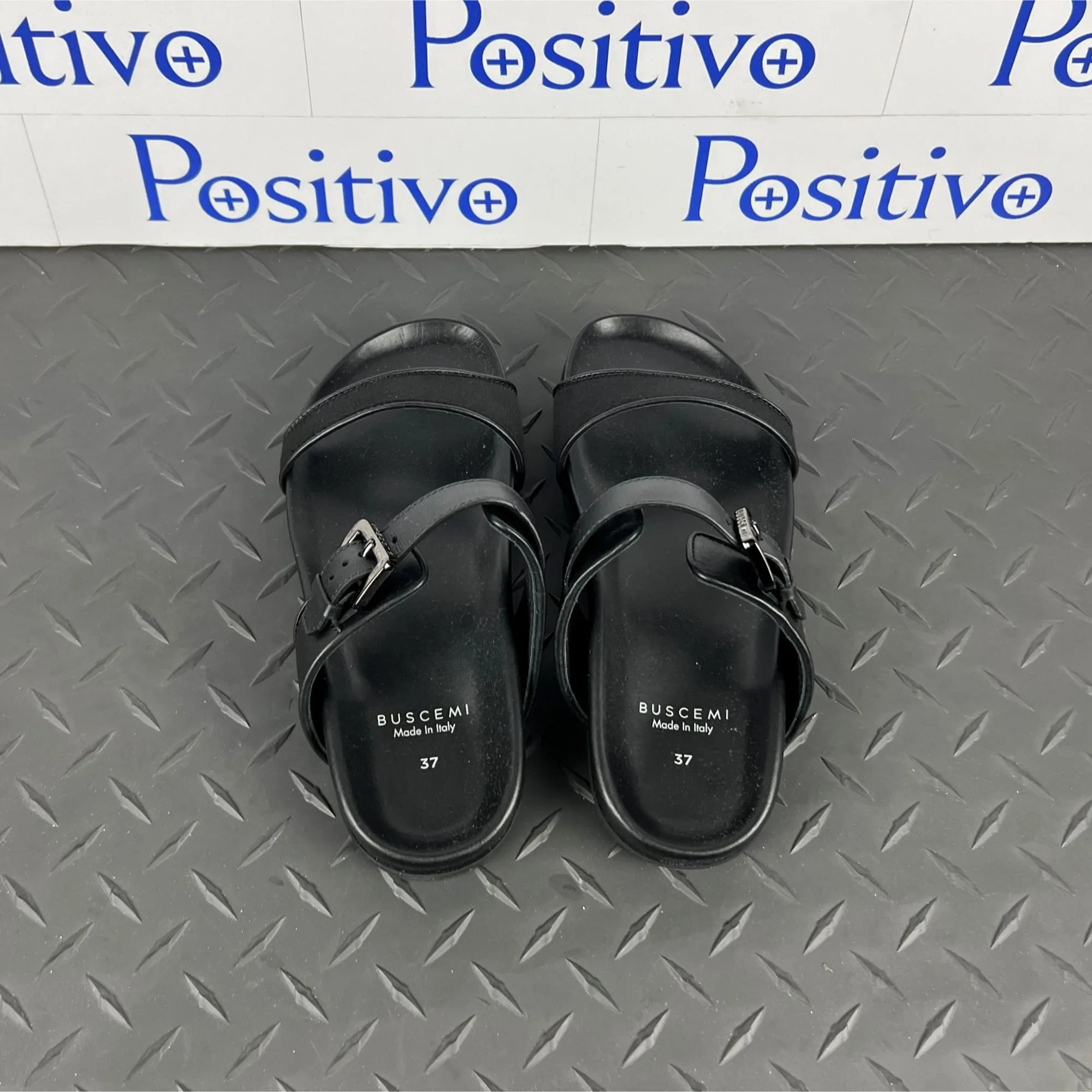 Buscemi Women's Slide Band Satin Black Leather Sandals SAMPLE