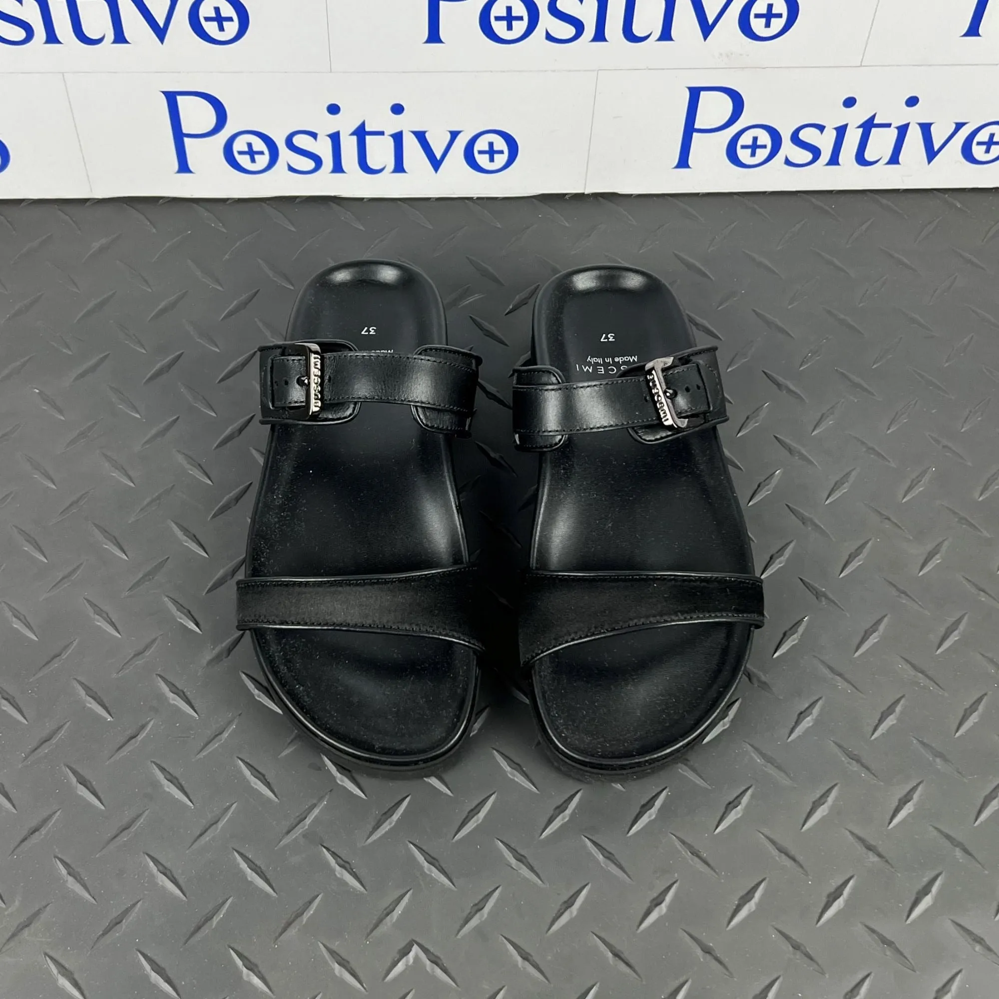 Buscemi Women's Slide Band Satin Black Leather Sandals SAMPLE