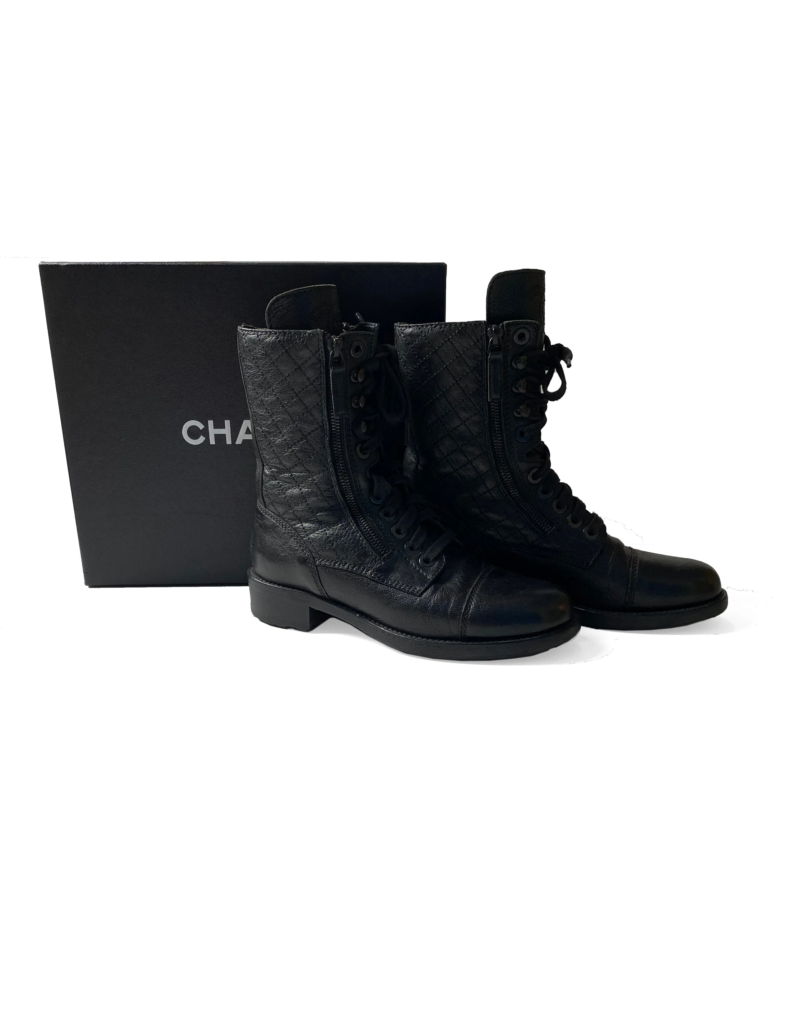 Chanel Black Leather CC Combat Boots sz 38