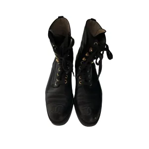 Chanel Black Logo Leather Combat Boots