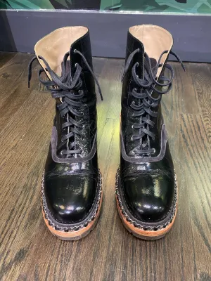 Chanel Black Patent Leather Silver Chain Trimmed Lace UP Combat Boot