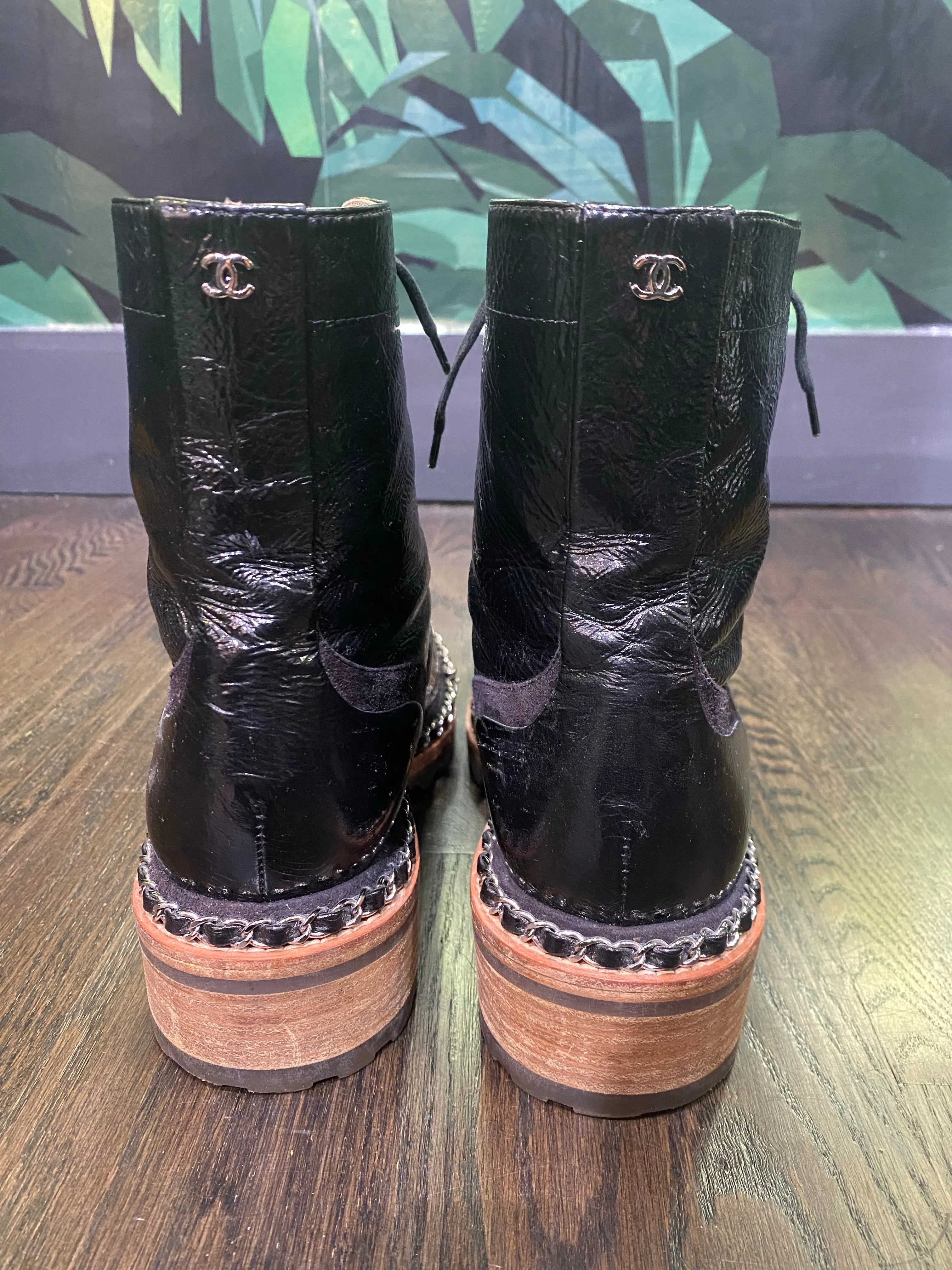 Chanel Black Patent Leather Silver Chain Trimmed Lace UP Combat Boot