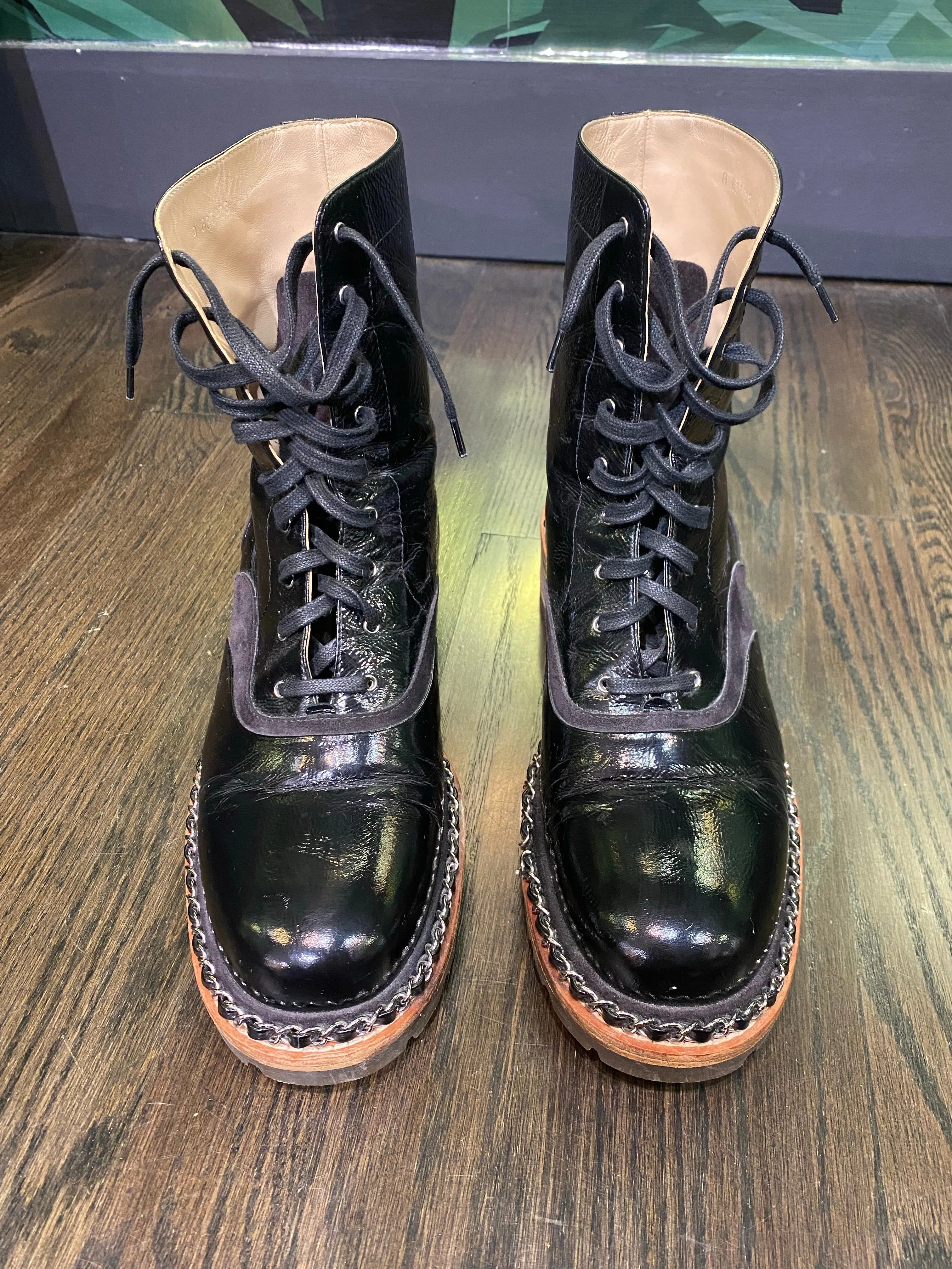Chanel Black Patent Leather Silver Chain Trimmed Lace UP Combat Boot