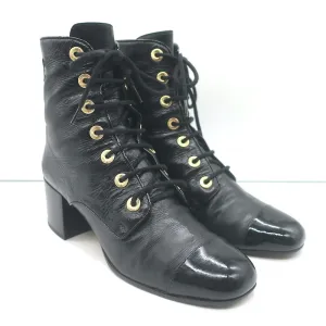 Chanel Cap Toe Combat Boots Black Leather & Patent Size 39 Lace-Up Ankle Boots