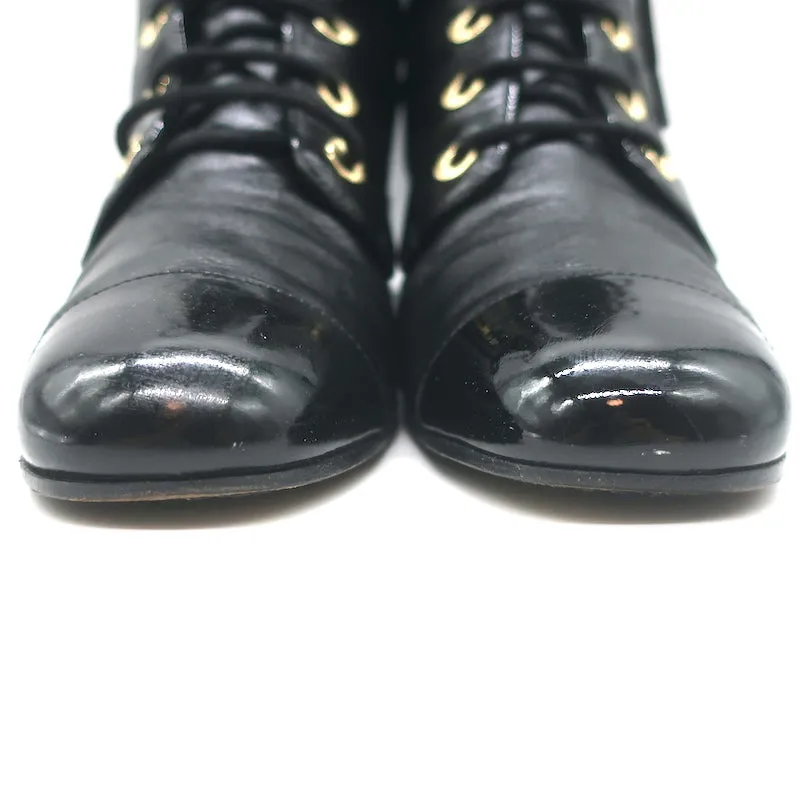 Chanel Cap Toe Combat Boots Black Leather & Patent Size 39 Lace-Up Ankle Boots