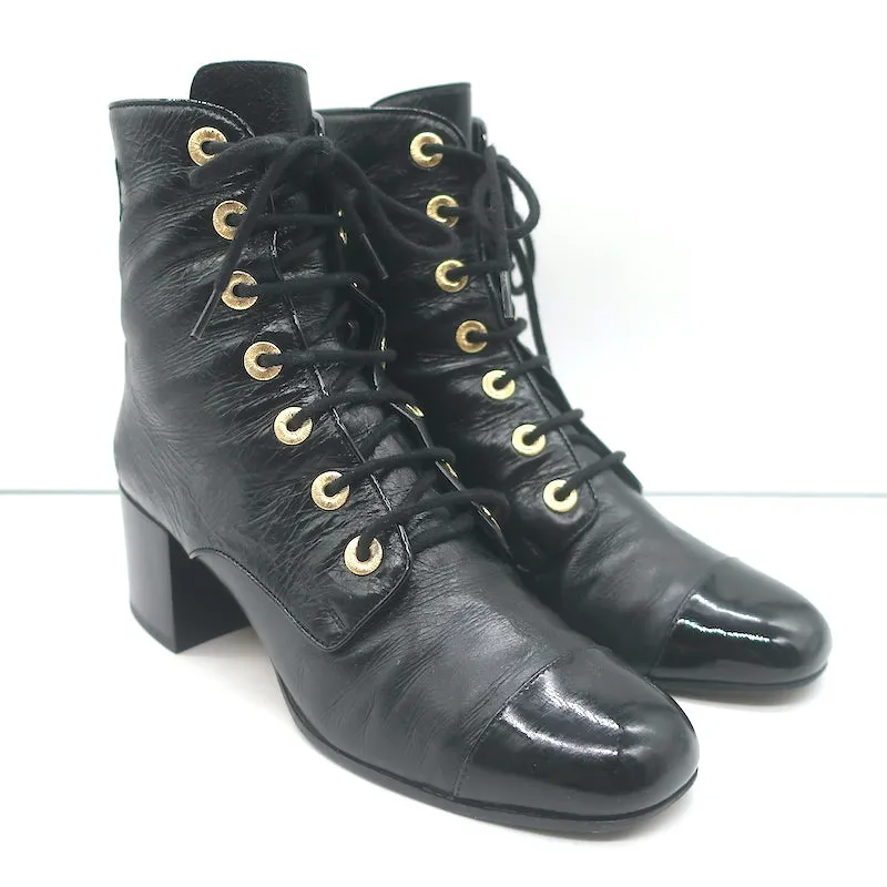 Chanel Cap Toe Combat Boots Black Leather & Patent Size 39 Lace-Up Ankle Boots
