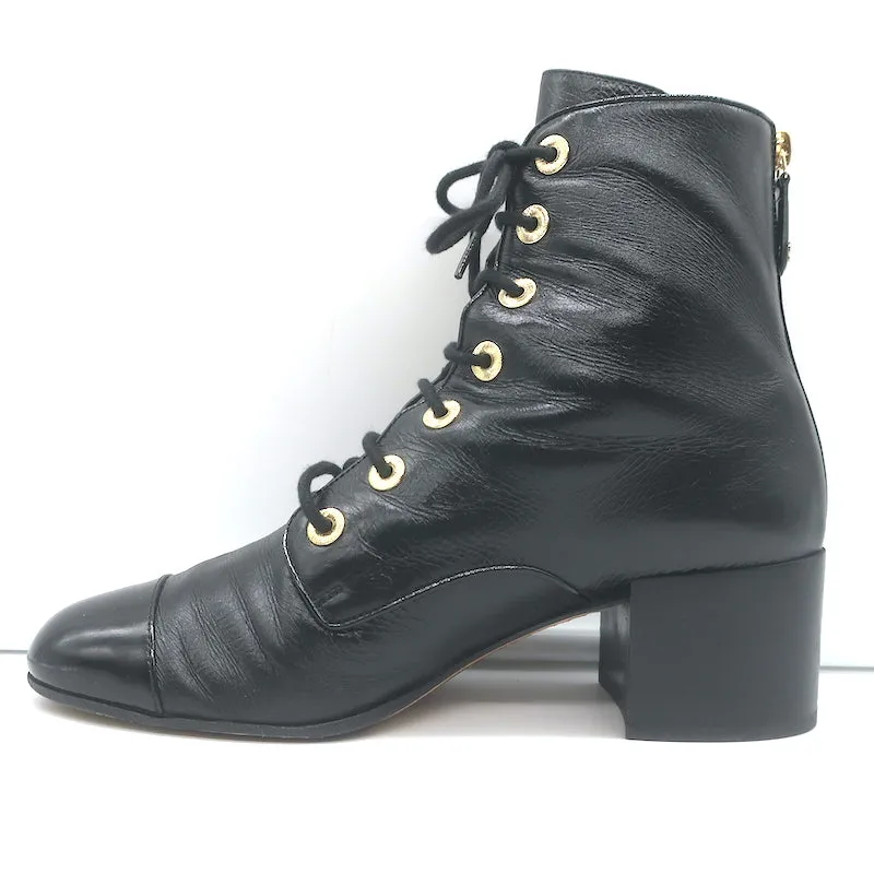 Chanel Cap Toe Combat Boots Black Leather & Patent Size 39 Lace-Up Ankle Boots