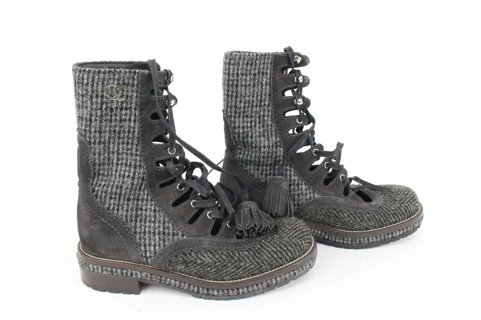 Chanel Size 36 CC Logo Tweed Combat Boots 40cz413s