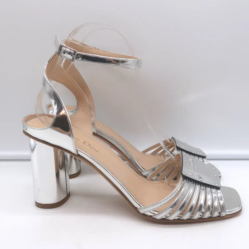 Christian Dior Metallic Ankle Strap Sandals Silver Mirrored Leather Size 39