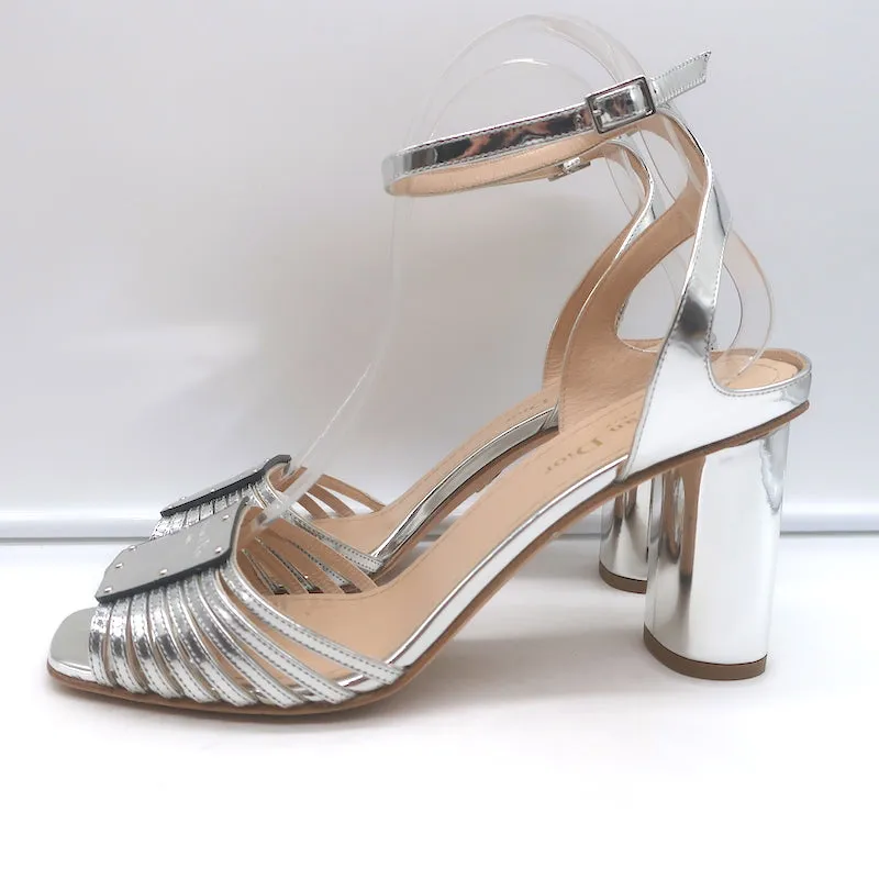 Christian Dior Metallic Ankle Strap Sandals Silver Mirrored Leather Size 39
