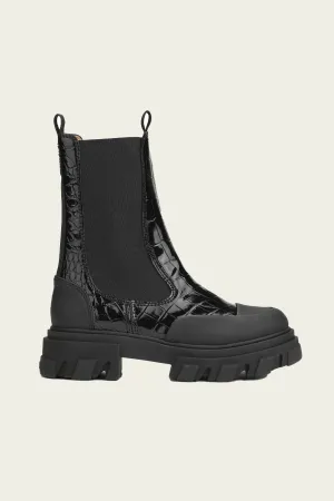 Cleated Mid Chelsea Boot Naplack Croco in Black