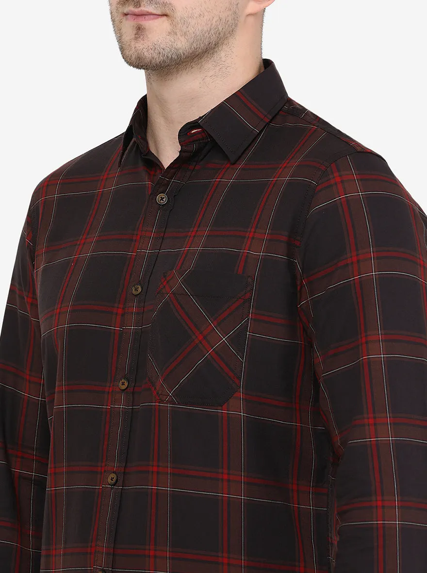 Coffee Brown & Blue Checked Slim Fit Semi Casual Shirt | JadeBlue