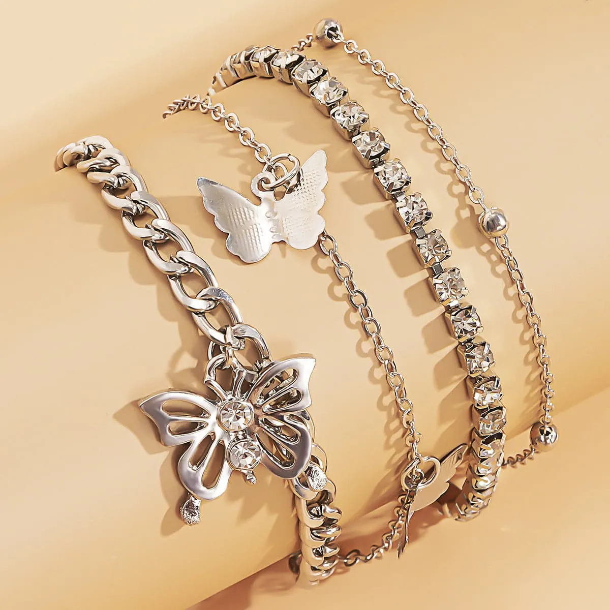 Cubic Zirconia & Silver-Plated Butterfly Charm Anklet Set