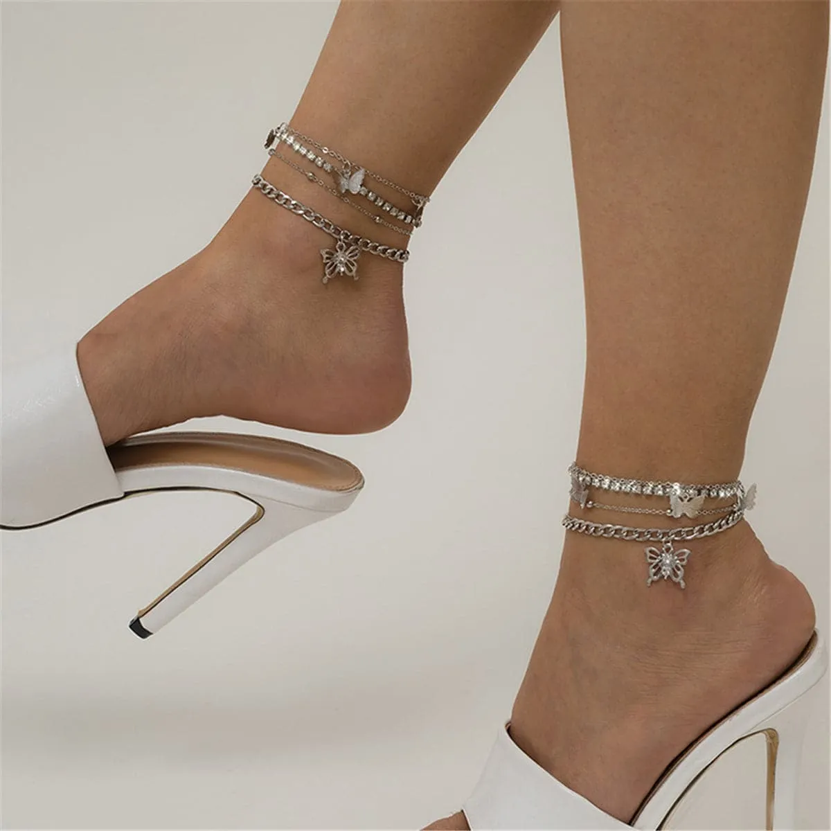 Cubic Zirconia & Silver-Plated Butterfly Charm Anklet Set