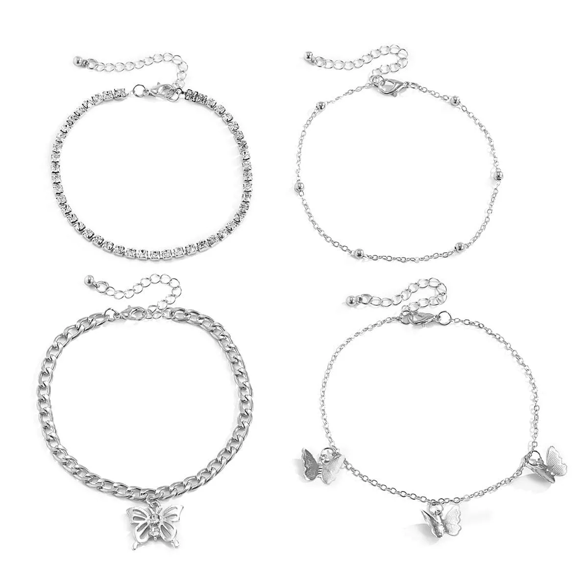 Cubic Zirconia & Silver-Plated Butterfly Charm Anklet Set