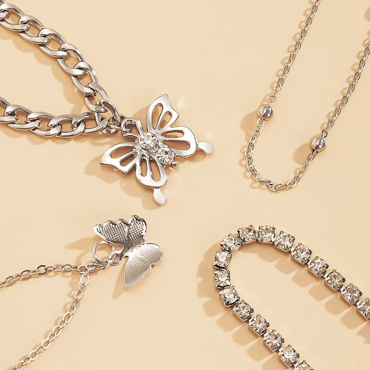 Cubic Zirconia & Silver-Plated Butterfly Charm Anklet Set