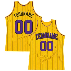 Custom Gold Black Pinstripe Purple Authentic Basketball Jersey