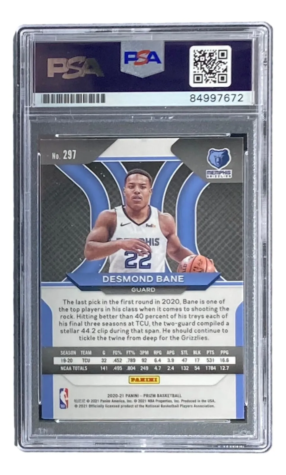 Desmond Bane Signed 2020 Panini Prizm #297 Rookie Card PSA/DNA Gem MT 10