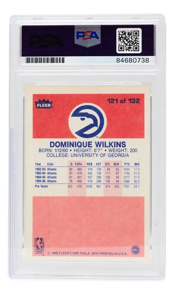 Dominique Wilkins Signed 1986 Atlanta Hawks Fleer Card #121 HOF 06 PSA/DNA 10