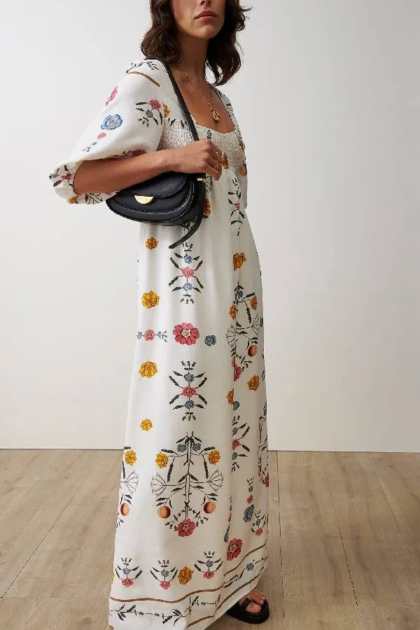 Elastic Bust Square Neck Puff Sleeve Maxi Dress
