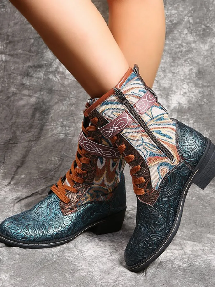 Embossed Aboriginal Art Print Ankle Flat Combat Boots - Green