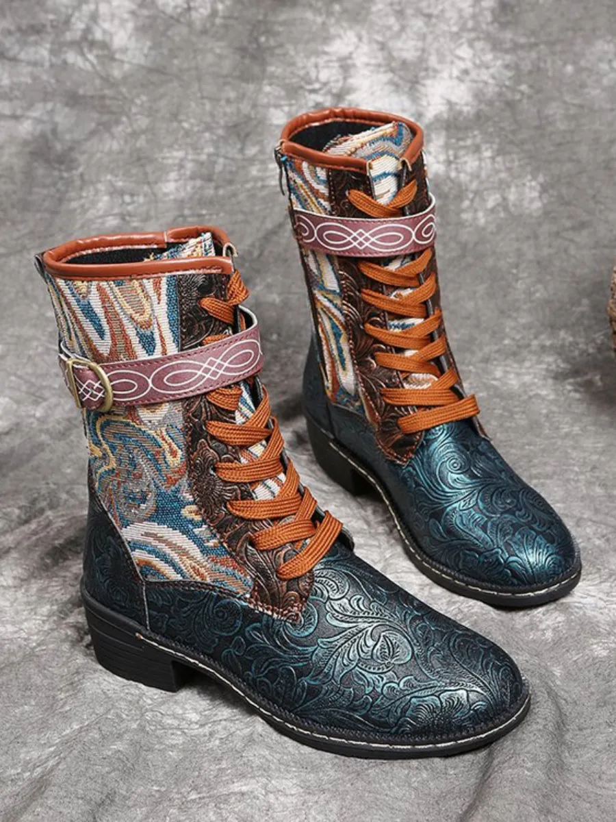 Embossed Aboriginal Art Print Ankle Flat Combat Boots - Green