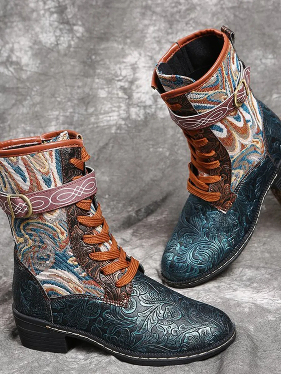 Embossed Aboriginal Art Print Ankle Flat Combat Boots - Green