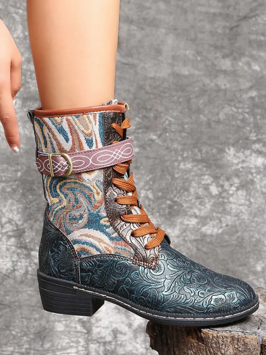 Embossed Aboriginal Art Print Ankle Flat Combat Boots - Green