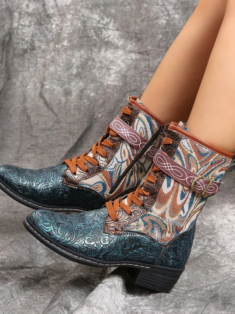 Embossed Aboriginal Art Print Ankle Flat Combat Boots - Green