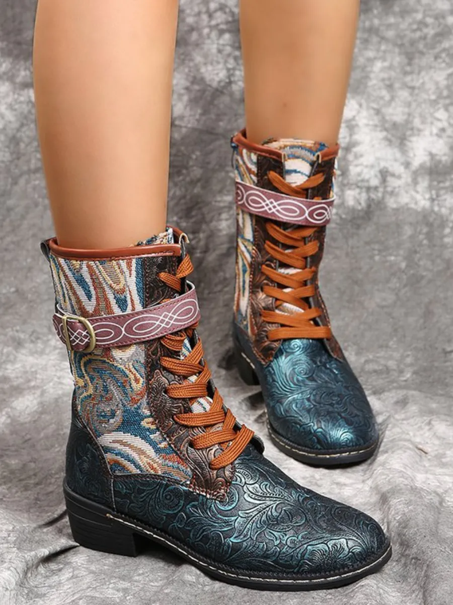 Embossed Aboriginal Art Print Ankle Flat Combat Boots - Green