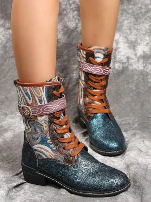 Embossed Aboriginal Art Print Ankle Flat Combat Boots - Green