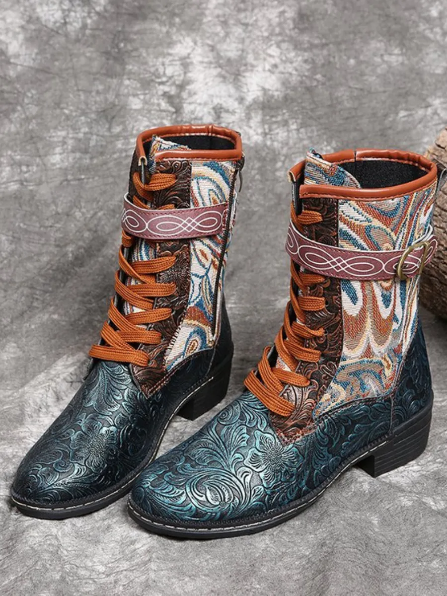 Embossed Aboriginal Art Print Ankle Flat Combat Boots - Green