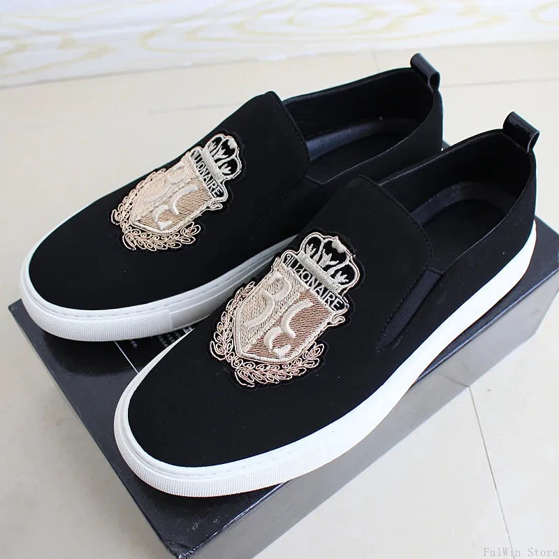 Embroidery Black Suede Leather Loafers