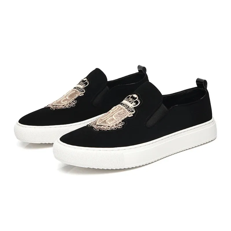 Embroidery Black Suede Leather Loafers