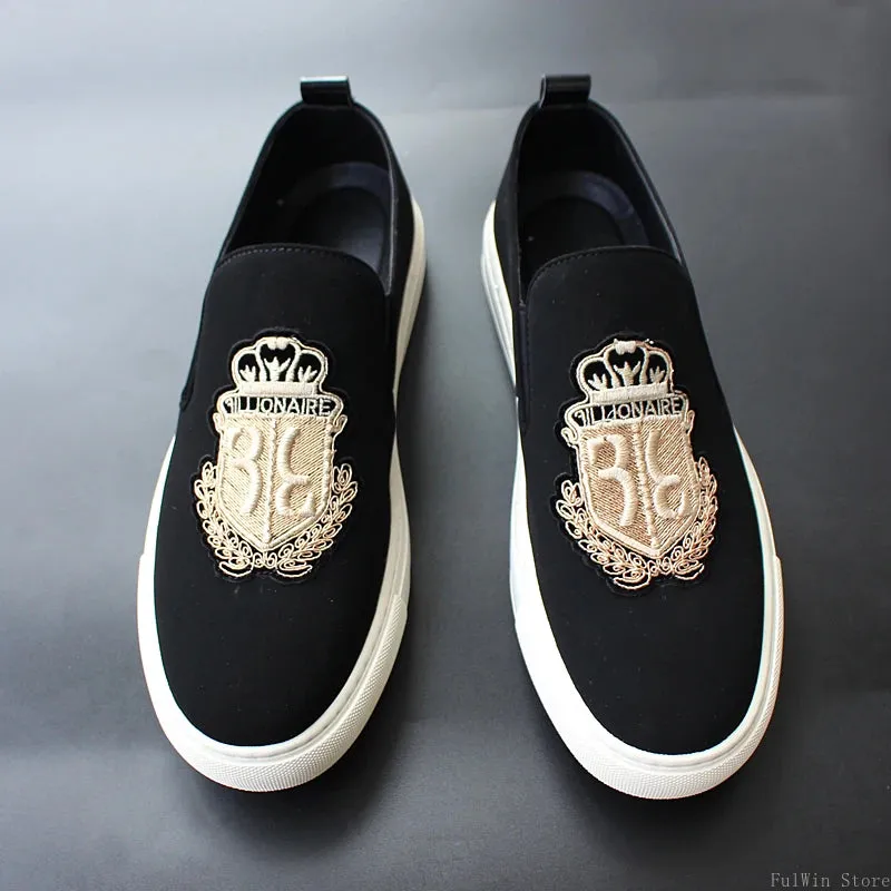 Embroidery Black Suede Leather Loafers