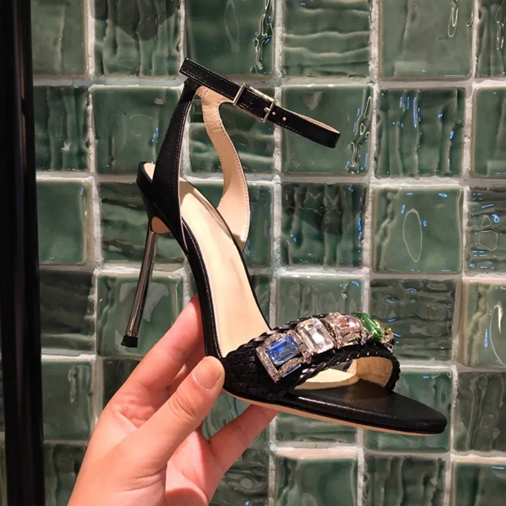 Fashion Summer High Heel Sandals Rough Fish Head Open-toed Sandals Sexy Crystal Women's Shoes Genuine Leather Women's Sandals