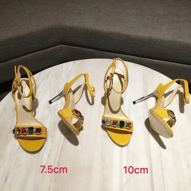 Fashion Summer High Heel Sandals Rough Fish Head Open-toed Sandals Sexy Crystal Women's Shoes Genuine Leather Women's Sandals