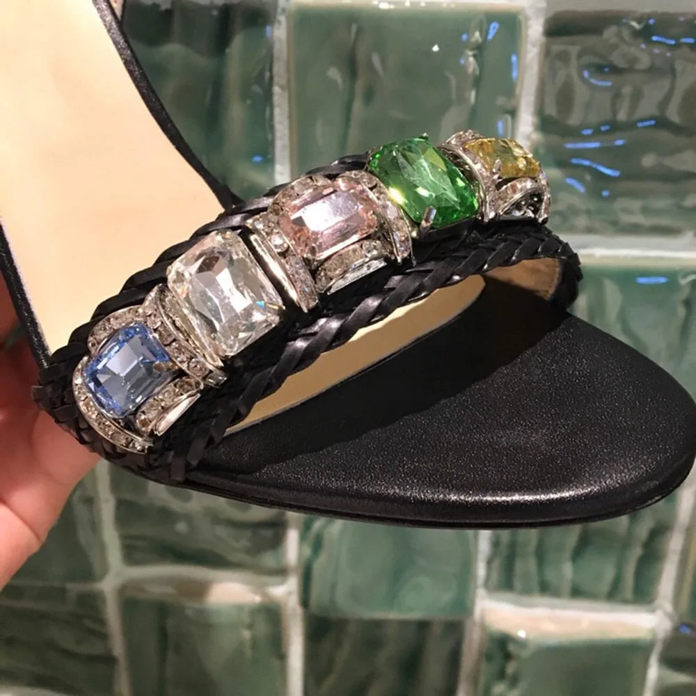 Fashion Summer High Heel Sandals Rough Fish Head Open-toed Sandals Sexy Crystal Women's Shoes Genuine Leather Women's Sandals