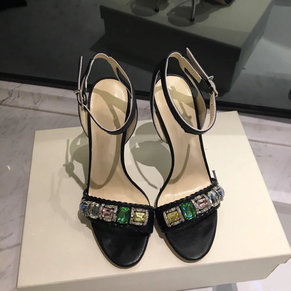Fashion Summer High Heel Sandals Rough Fish Head Open-toed Sandals Sexy Crystal Women's Shoes Genuine Leather Women's Sandals