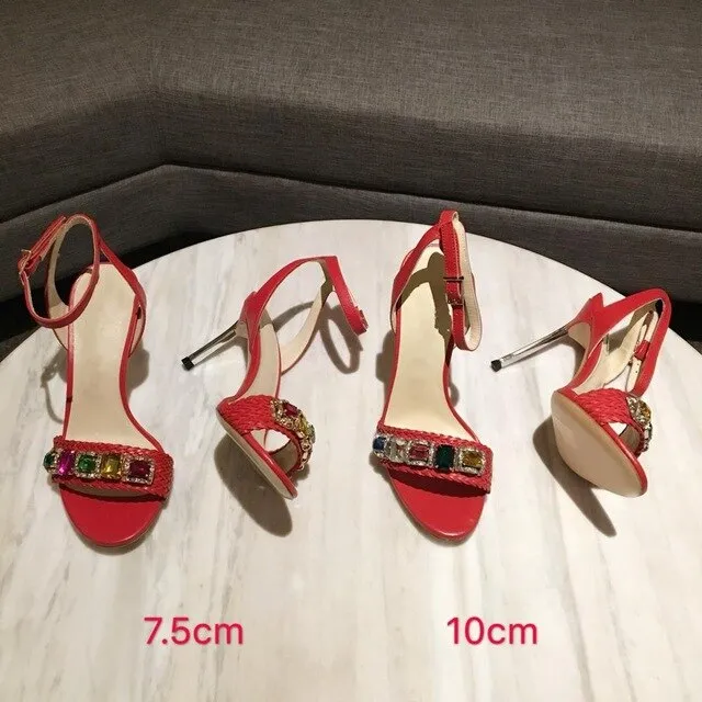 Fashion Summer High Heel Sandals Rough Fish Head Open-toed Sandals Sexy Crystal Women's Shoes Genuine Leather Women's Sandals