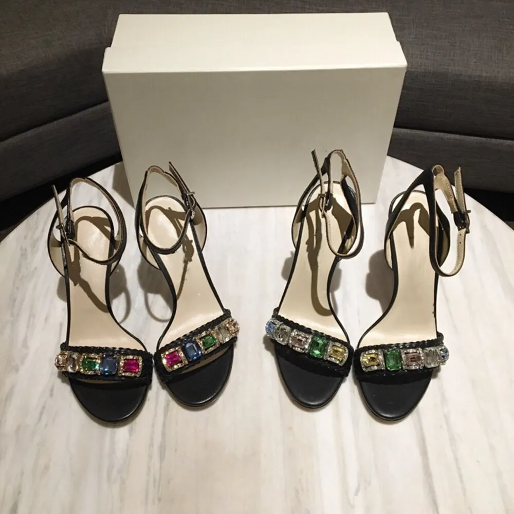 Fashion Summer High Heel Sandals Rough Fish Head Open-toed Sandals Sexy Crystal Women's Shoes Genuine Leather Women's Sandals