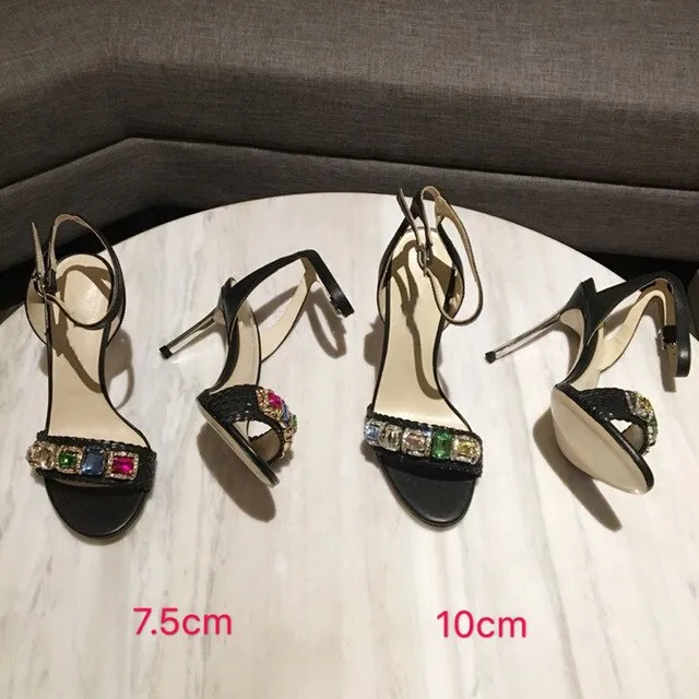 Fashion Summer High Heel Sandals Rough Fish Head Open-toed Sandals Sexy Crystal Women's Shoes Genuine Leather Women's Sandals