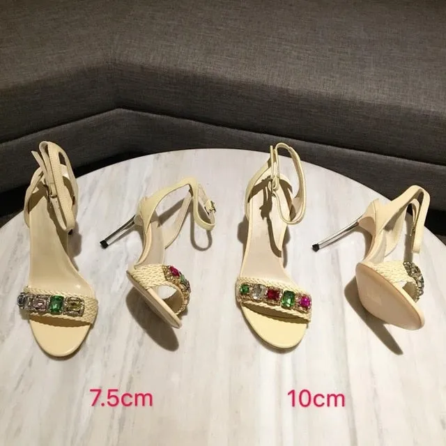 Fashion Summer High Heel Sandals Rough Fish Head Open-toed Sandals Sexy Crystal Women's Shoes Genuine Leather Women's Sandals