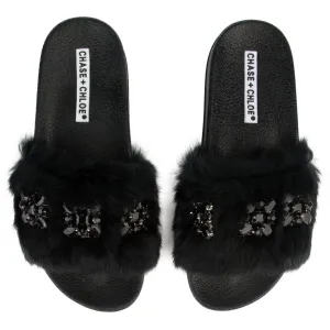 Furry Black Slides  BLACK