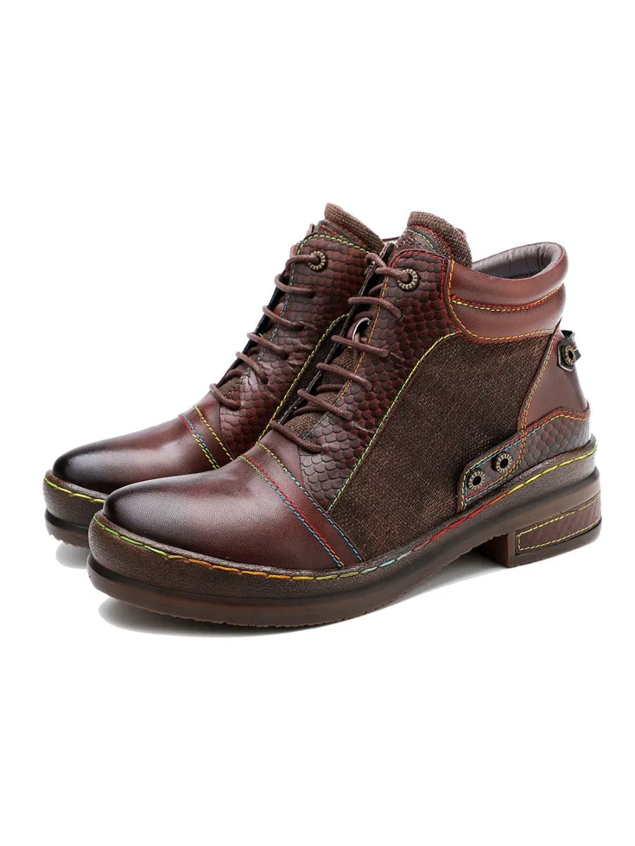 Genuine Leather Brown Abstract Shoelace Detailed Combat Boots
