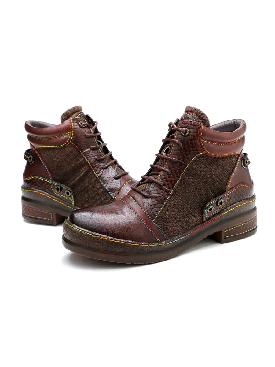 Genuine Leather Brown Abstract Shoelace Detailed Combat Boots