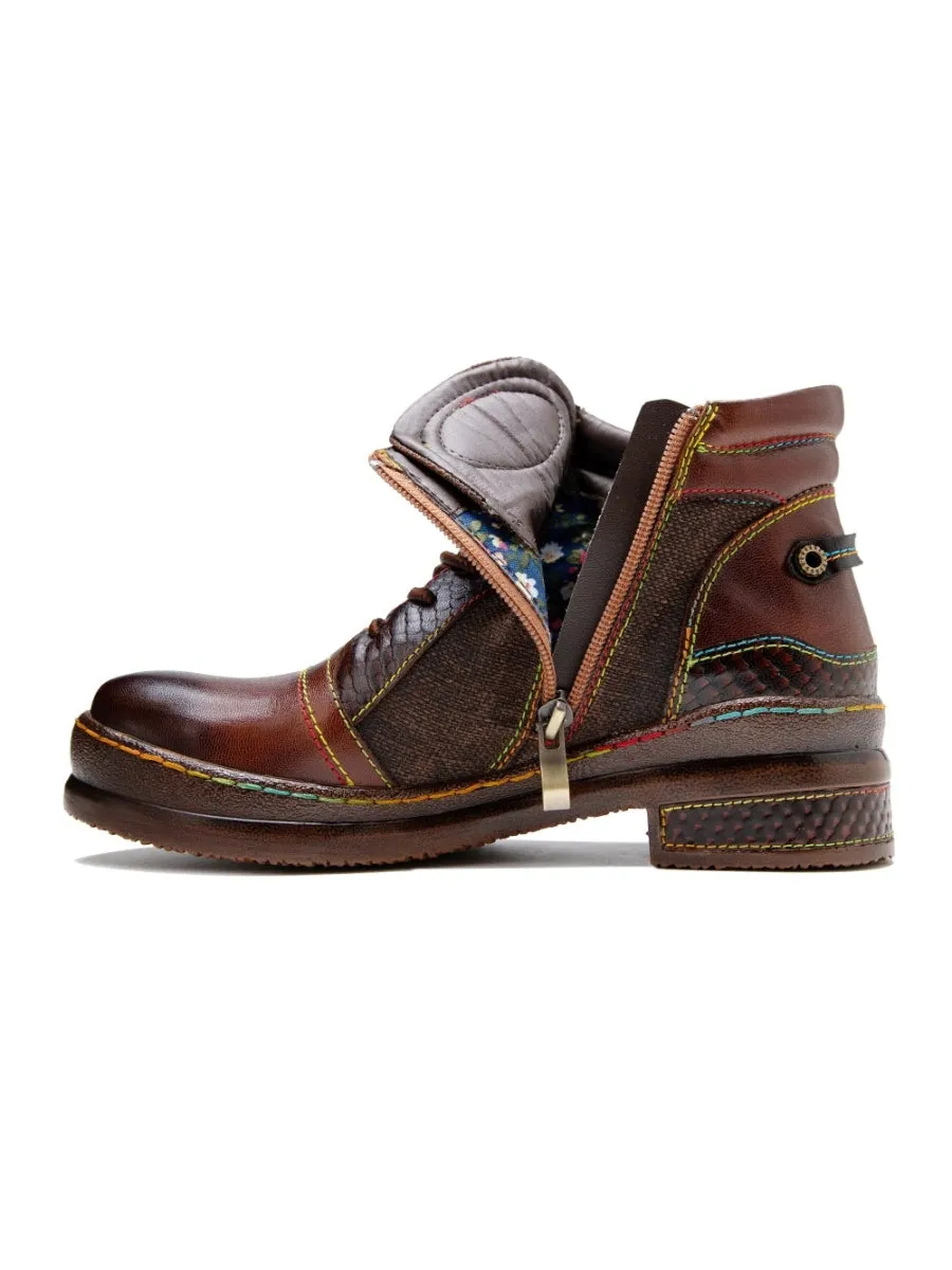 Genuine Leather Brown Abstract Shoelace Detailed Combat Boots