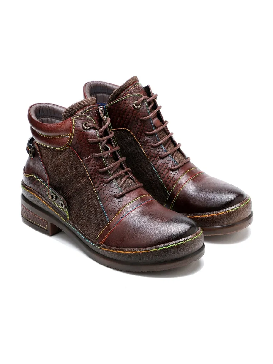 Genuine Leather Brown Abstract Shoelace Detailed Combat Boots